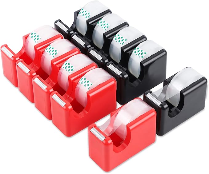 Lichamp 10 Pack Office Desktop Tape Dispenser Includes 10 Rolls of 1 Inch Core Tapes 3/4 in x 1000 in, Red and Black Desk Tape Dispensers Non-Skid Base, Great for School, Office and Home
