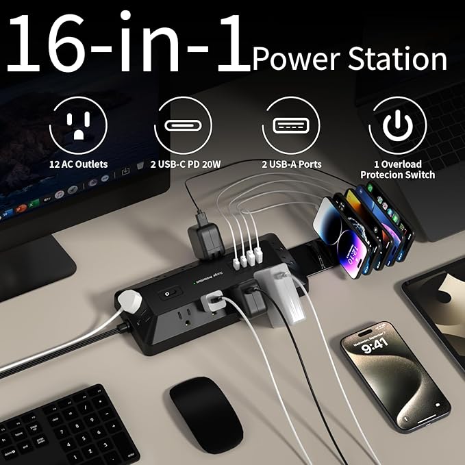 Surge Protector Power Strip with USB Ports, 12 Outlets 2 USB-C 2 USB-A, 6 Ft Flat Plug Extension Cord, Multi Plug Outlet as Charging Station for Desk, Office, Home,Dorm, UL Certification (Black)