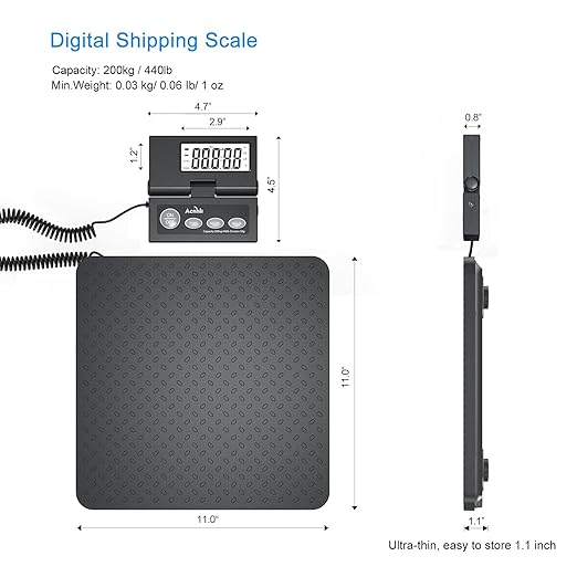 Shipping Scale,440lbs/1oz Ultra-Thin, Highly Accurate Foldable LCD Display with Tare Function Lightweight Postal Scale for Packages Warehouses, Homes, Offices, Including Manuals and Adapters