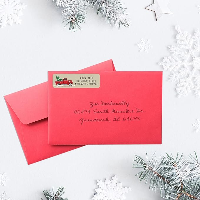 Red Holiday Truck Rolled Address Labels / 250 Personalized Return Address Labels/Designer Address Stickers in Elegant Plastic Dispenser