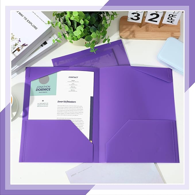 Henoyso 60 Pcs Plastic Folders with Clear Front Pockets Heavy Duty File Folders with 2 Pockets and Card Slot for Student Communication School Office Presentation Report (Purple)