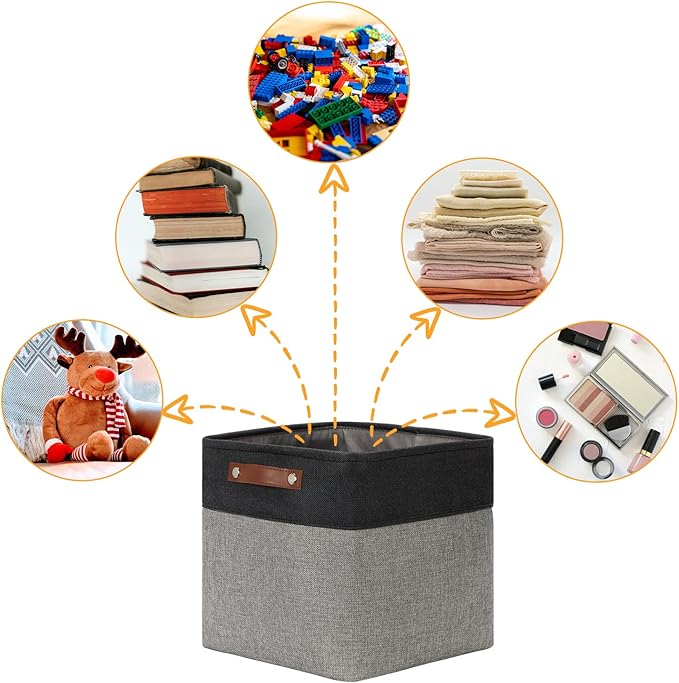 DULLEMELO Cube Collapsible Storage Bins, 12 inch Fabric Storage Cubes Bins Canvas Organization Baskets, Linen Closet Organizers Boxes for Home Organization and Storage (4 Pack - 12" Black&Grey)
