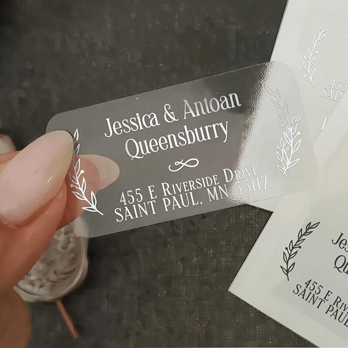 150 Personalized Return Address Labels with Laurel Design, Clear or White Custom Printed Address Stickers with Names & Address – Black, Gold, Rose Gold, Silver Text