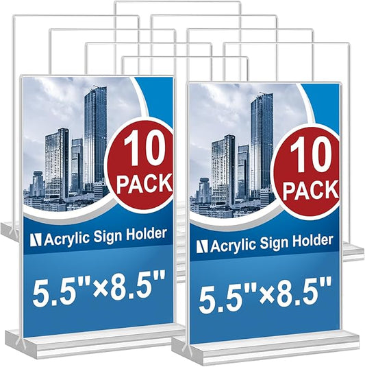 Acrylic Sign Holder 5.5 x 8.5, 10 Pack Double-Sided Stand up Table Top Clear Sign Holders, T Shape Plastic Acrylic Picture Frame Menu Flyer Paper Holder Display Stands for Office Store Wedding Party