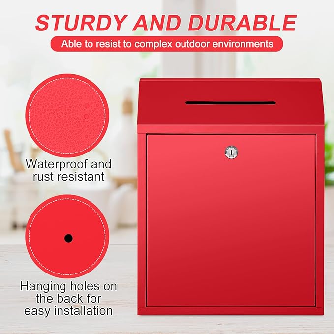 Metal Donation Cash Box Collection Safe Suggestion Box with Lock Wall Mounted Mailbox Delivery Ballot Container for Home Office Outdoor Door(Red,15 x 12 x 4 Inch)