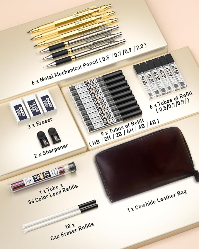Nicpro 30PCS Art Mechanical Pencils Set in Leather Case, Gold Metal Drafting Pencil 0.5, 0.7, 0.9 mm, 2mm Lead Pencil Holder for Sketching Drawing With 16 Tube (6b 4B 2B HB 2H 4H Colors) Lead Refill