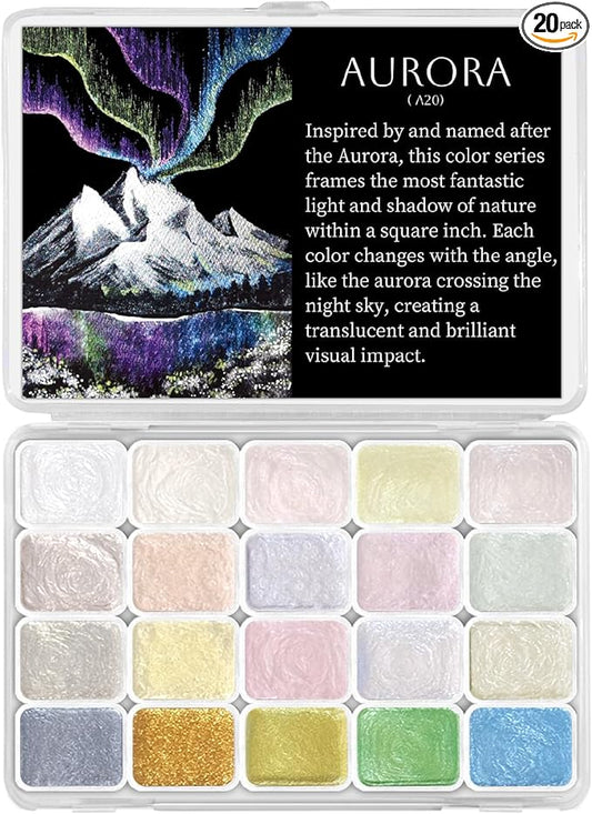 Mini Glitter Watercolor Paint Set, 20 Colors Shimmer Metallic Watercolour Painting Sets, Solid Pearl Water Color Paints for Kids, Adult, 1ml Trial Pack (Aurora)