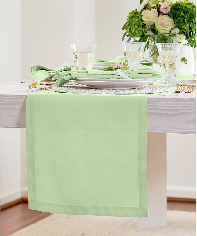 Solino Home Linen Table Runner 120 Inches Long - 100% Pure Linen Pastel Green Table Runner 14 x 120 Inch - Fete