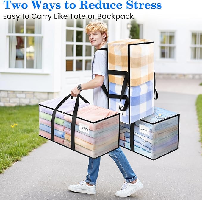 BlissTotes 8-Pack Large Moving Bags with Backpack Straps & Strong Zippers, Heavy-Duty Storage Bags Moving Boxes for Space Saving, Dorms, Transport, 76L-20 Gallons, Clear