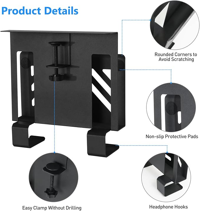 MAXECHO Desk Side Storage, Under Desk Laptop Mount, Table Side Hanging File Organizer, No Drill Clamp On Cable Management Tray, Laptop Holder with 2 Hooks for Office and Home, Load 22 Lbs
