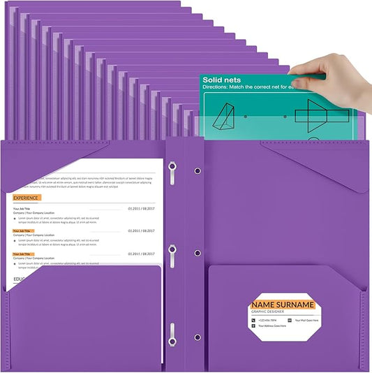 Henoyso 48 Pcs Plastic Folder with Clear Front Pocket and 3 Prongs Heavy Duty Plastic Folders with Card Slot Pocket Folders with Prongs for School Office Home(Purple)