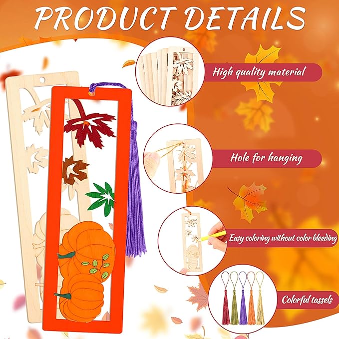 Yexiya 200 Pcs Fall DIY Wood Bookmarks Kit Unfinished Color Your Own Hollow with Tassel 100 Set Autumn School Art Craft Turkey Pumpkins Supplies for Students Classroom Thanksgiving Reward Fillers
