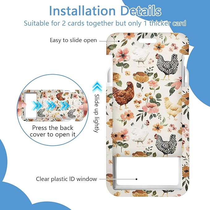 Floral Chickens Lanyard for Id Holder,Cute Rooster Badge Holder with Retractable Lanyard,ID Holder with Badge Reel Clips,Animal Keychain Name Tag ID Card Holder Teacher Women