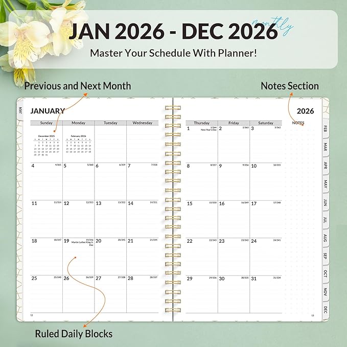 SUNEE Planner 2026 Weekly and Monthly, January 2026-December 2026, 6.4"x8.3", Tabs, Note Pages,Spiral Binding, Flora