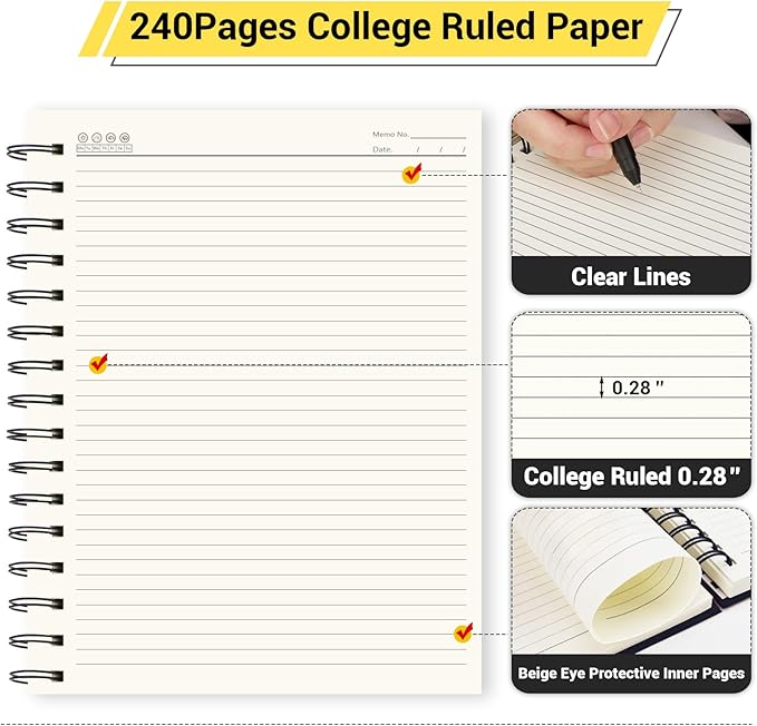 EUSOAR Black Spiral Notebook, 1 Pack A5 5.5"x8.3" Hardcover College Ruled Lined Journal, 240 Pages(120 Sheets) Writing Pads Professional Notebook for DIY Note Taking School Business Work Office Diary