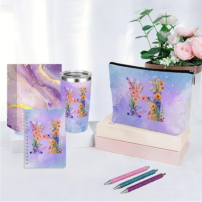 Personalized Gifts Monogrammed Birthday Gifts for Women, Bridesmaid Bachelorette Party Christmas Initial 20 oz Tumbler, Makeup Bag Cup Ballpoint Pens Journal Notebook 6 Set (Aesthetic Purple Flower H)