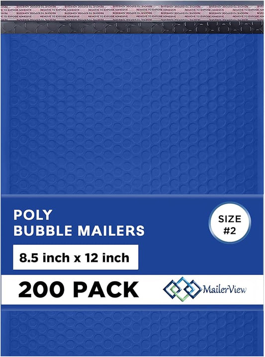 Royal Blue Poly Bubble Mailers 8.5x12 inch #2 | Self Seal Padded Envelopes | Cushioned Bubble Mailer | Usable Size 8.5x11 | Water Proof | Lightweight mailing Shipping Bags | 200 Pack Bulk
