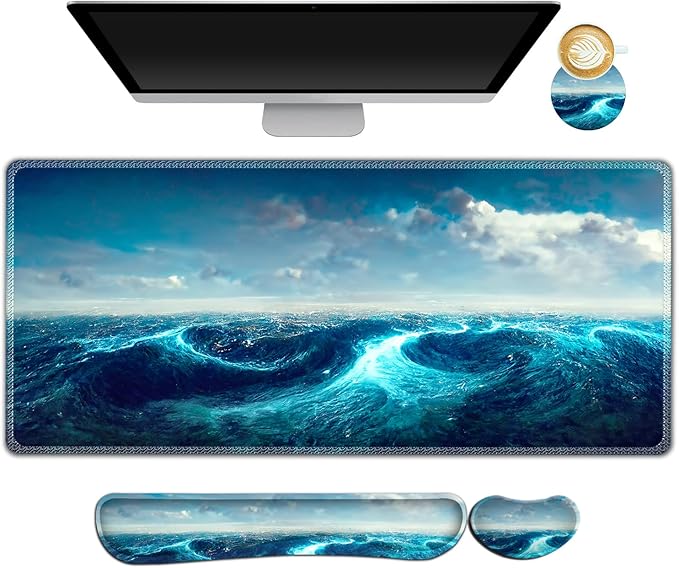 AIMSA Keyboard Mouse Pad Wrist Rest, Extended Gaming Mouse Pad +Wrist Support, Ergonomic Memory Foam,XXL Large Mousepad Easy Typing Pain Relief, 4Pcs (35×15.7 in) Desk Mat,Big Sea Waves