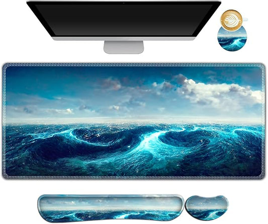 AIMSA Keyboard Mouse Pad Wrist Rest, Extended Gaming Mouse Pad +Wrist Support, Ergonomic Memory Foam,XXL Large Mousepad Easy Typing Pain Relief, 4Pcs (35×15.7 in) Desk Mat,Big Sea Waves