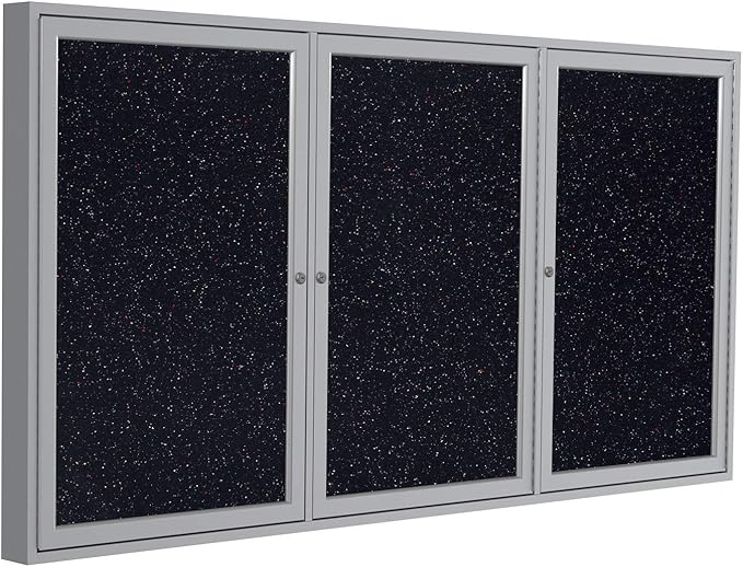 Ghent 48" x 96" 3-Door indoor Enclosed Recycled Rubber Bulletin Board, Shatter Resistant, with Lock, Satin Aluminum Frame,Confetti (PA34896TR-CF)-Made in USA