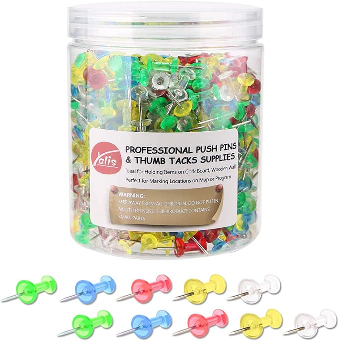 Yalis Push Pins 600 Count Clear Multicolored, Standard Thumb Tacks Steel Point and Clear Multi-Colors Plastic Head