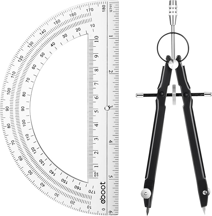 EBOOT Student Geometry Math Set, Drawing Compass and 6 Inch Clear Swing Arm Protractors 180 Degree Math Protractor (Black)