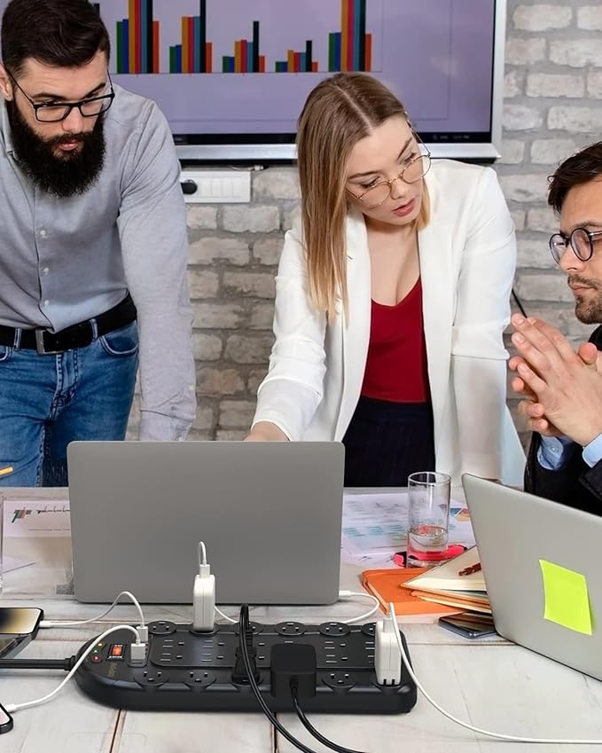 Power Strip, 24 AC Outlets (1875W/15A) with 6 USBs (2 USB-C Ports), Surge Protector (3,400 Joules), 10Ft Heavy Duty Flat Plug Extension Cord, Wall Mountable for Home, Office, Black, ETL Listed