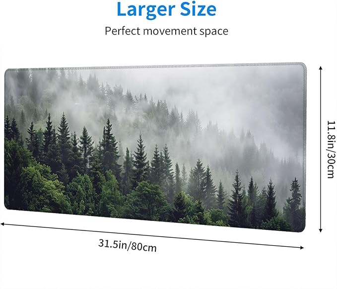 Misty Forest Gaming Mouse Pad Desk Pad Nature Fir Tree Woodland Large Gaming Mouse Mat with Stitched Edges,Non-Slip Waterproof Rubber Base Mous Mat Office Computer Keyboard Laptop Home 31.5"x11.8"