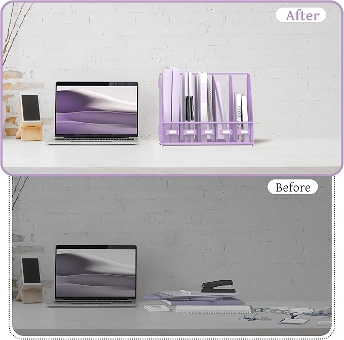 SUPEASY Desk Organizers Metal Desk Magazine File Holder with 5 Vertical Compartments Rack File Organizer for Office Desktop, Home Workspace, Purple