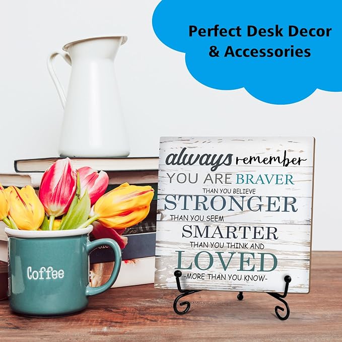 Inspirational Gift for Women Men Wood Sign with Stand - Always Remember You are Braver Than You Think, Motivational Gifts for Women Men Home Office Table Centerpiece Positive Decor Desk Plaque 39