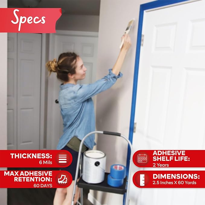 XFasten Professional Blue Painters Tape 2.5-Inches x 60-Yards (Single Pack) Blue Painters Masking Tape Bulk - Sharp Edge Line Technology, Produces Sharp Lines | Residue-Free Wall Trim Tape