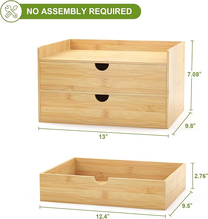 Wisuce Bamboo Desk Drawer Organizer, Large Desktop Organizer with Drawers Tabletop Storage Organization Box for Office Home Toiletries Supplies Vanity, No Assembly Required (2 Drawer with Shelf)