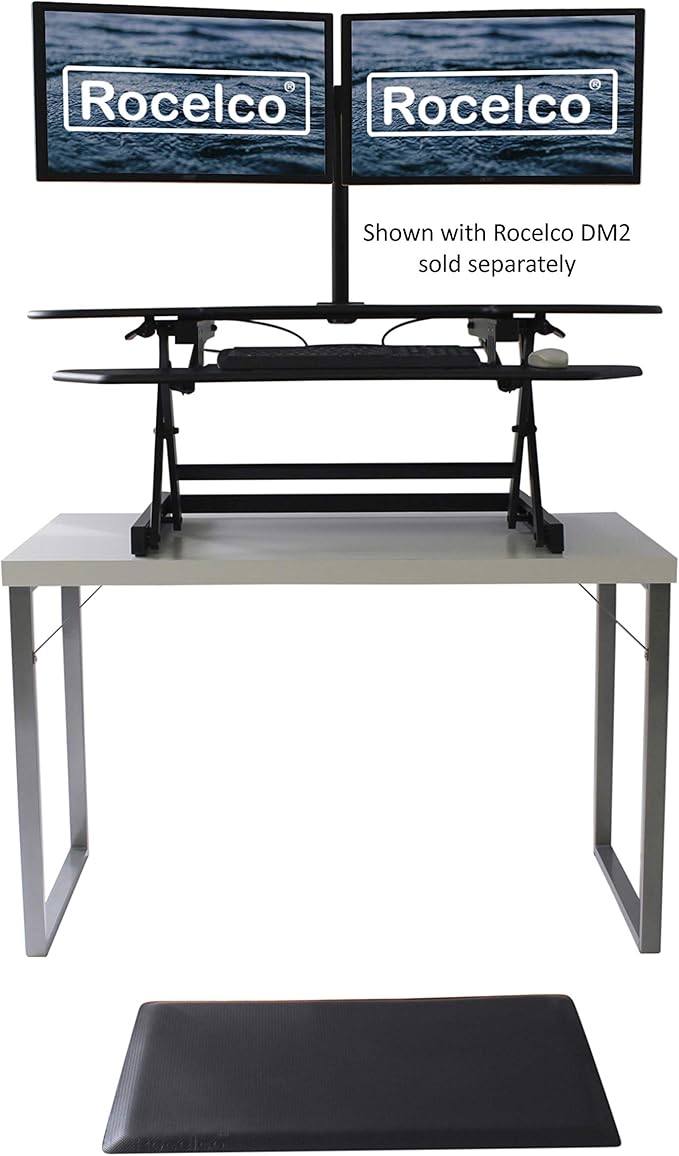 Rocelco 46" Height Adjustable Corner Standing Desk Converter with Anti Fatigue Mat BUNDLE, Quick Sit Standup Dual Monitor Riser, Computer Workstation-Keyboard Tray, (R CADRB-46-MAFM), Black