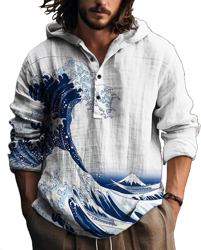 MARSVOVO Hooded Long Sleeve Shirt Men Fashion Graphic Button Up Lightweight Big and Tall Casual Vacation Shirts for Men