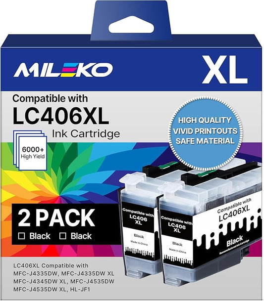 LC406 Ink Cartridges for Brother Printer Black Compatible for Brother LC406XL LC 406 XL 406 XL High Yield Ink Cartridges for Brother MFC-J4535DW MFC-J4335DW MFC-J5855DW MFC-J6555DW MFC-J6955DW, 2 Pack