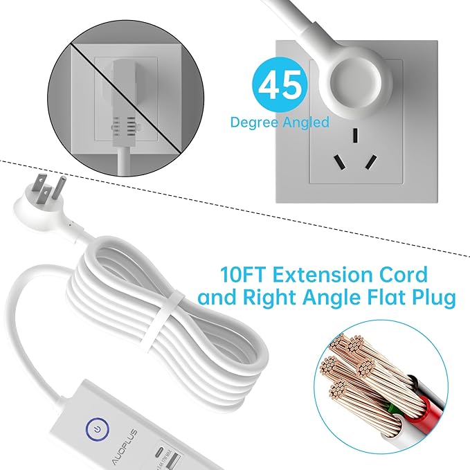 Power Strip Surge Protector with USB C Ports, AUOPLUS 6 Outlet and 4 USB Charger, 10FT Long Extension Cord Flat Plug(1250W/10A/2100J), Wall Mountable Overload Protection for Home Office Dorm