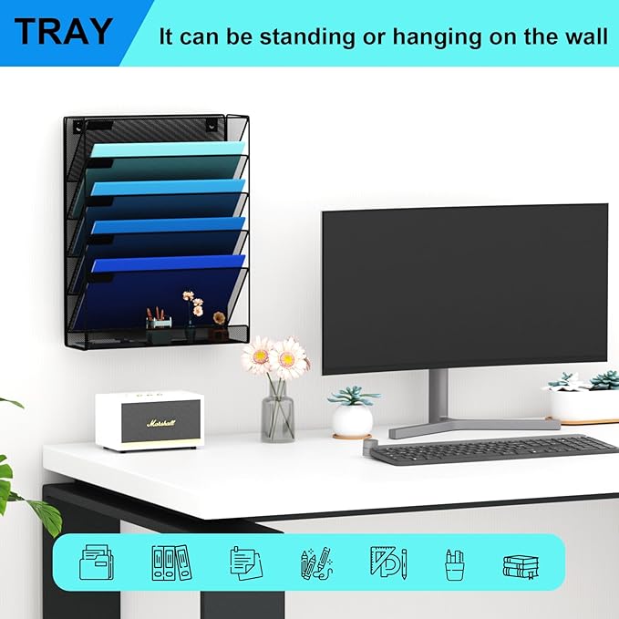 6-Tier Hanging File Organizer Office Cubicle Accessories for Work Organizer Wall Mount File Holder for Mails Folders Papers Magazine Organization, Black