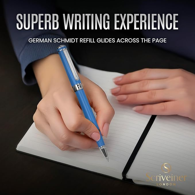 Scriveiner Sky Blue Rollerball Pen - Stunning Luxury PenWith Chrome Finish, Schmidt Ink Refill, Best Roller Ball Gift Set for Men & Women, Professional, Executive Office, Nice Pens