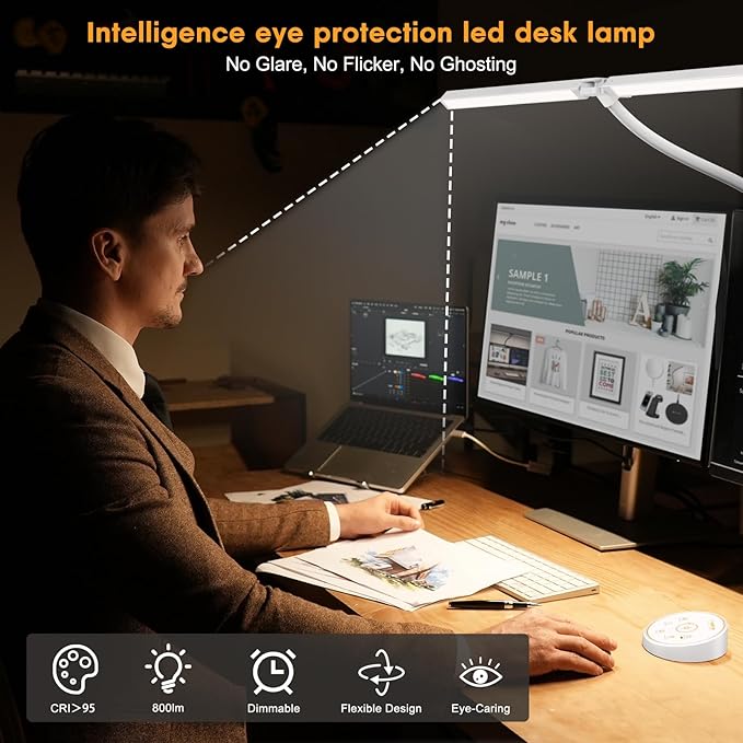 Led Desk Lamp for Office Home - Eye Caring Architect lamp with Clamp,Dual Screen Computer Monitor Work Smart Light: 24W 5 Color Flexible Adjustable Lighting Table Lamp for Study White