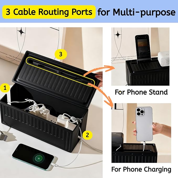 [142Pcs] Cable Management Kit with Cable Box, Medium Cord Hider Box to Conceal Power Strip Holder on Desk or Floor, Under Desk Cable Management Kit Cable Organizer Box, TV Cord Organizer Box, Black