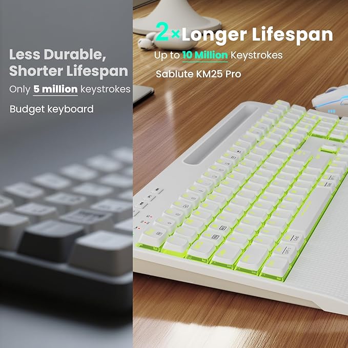 White Keyboard and Mouse Wireless Combo, 4000mAh Rechargeable Backlit Quiet Keyboards mice set, USB Ergonomic Key Board with Wrist Rest & Phone Holder for PC, Mac, Windows, Natural Soft Typing—SABLUTE