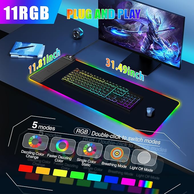 Mouse Pad with Foldable Phone Holder & Wireless Charger, XL RGB Gaming Mousepad 31.5"x11.8" Large Desk Mat for Keyboard, Home Desk Pad with Dual Qi Charging Station | 11 Colors & 5 Modes | Waterproof