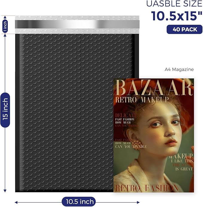 Fuxury 100 Pack Bubble Mailers 10.5x16 Inch, Self Seal Padded Envelopes Waterproof Mailing Envelopes, Padded Mailers, Shipping Bags for Packaging, Small Business Large #5, Black