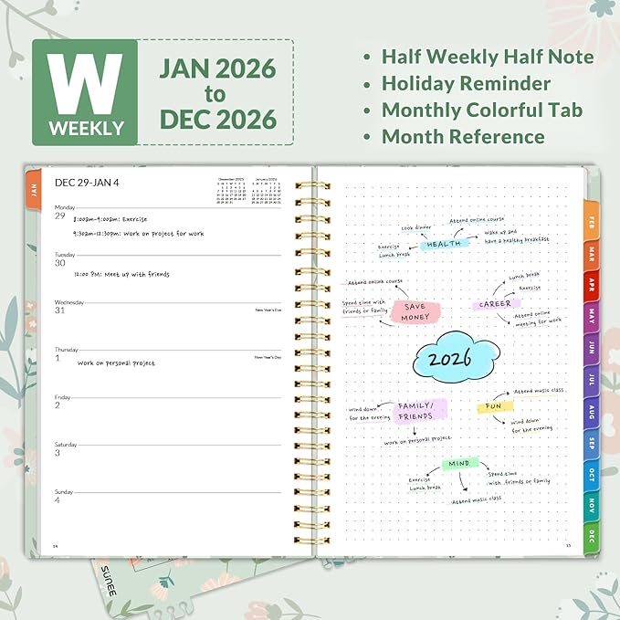 SUNEE 2026 Weekly and Monthly Planner - January 2026-December 2026, 6.4" x 8.3" Half Weekly Half Note, Daily Agenda Planner with PVC Waterproof Cover, Monthly Tab, Note, Pockets, Bookmark, Wildflowers
