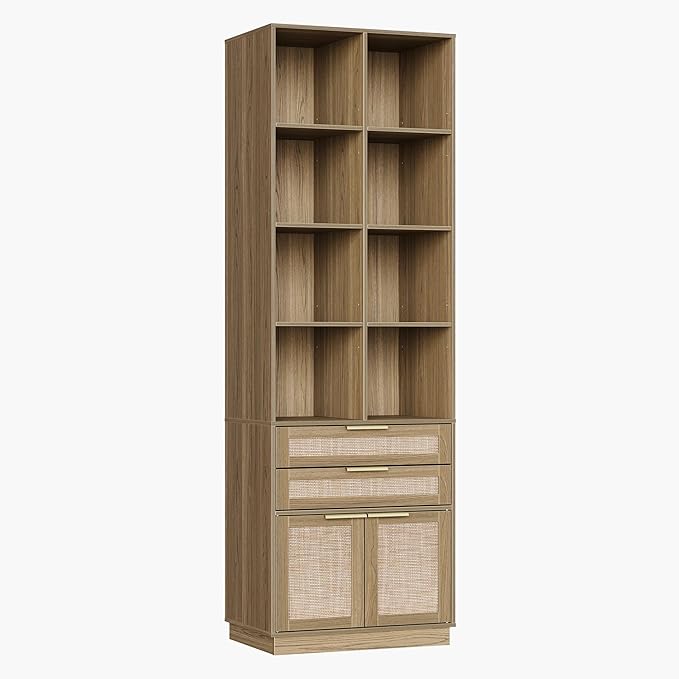 Bookshelf with 2 Drawers and Doors, 73 Inch Rattan Tall Bookcase with 4-Tier Storage Shelves, Wooden Book Shelf for Home Office, Light Oak