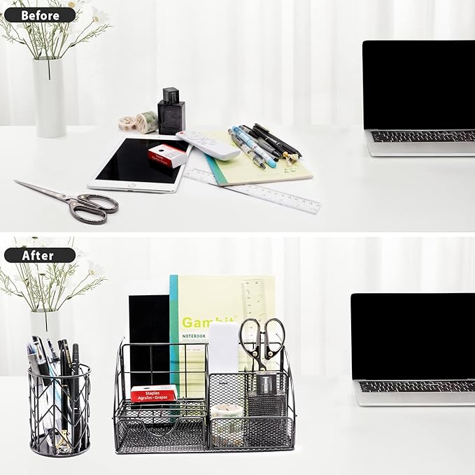 Black Desk Organizers and Accessories Office Supplies Set Stapler, Pen Holder, Phone Holder, Scissors, Pen, Ruler, 30 Paper Clips, 22 Binder Clip, 20 Tacks and 1000pcs Staples