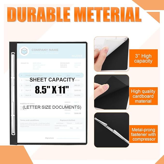 Zhanmai 15 Packs 8.5'' x 11'' Pressboard Report Covers, Metal Prong Fastener with Compressor, Letter Size 3'' Capacity Presentation Report Folder to Neatly Bind Reports, Proposals, Documents(Black)