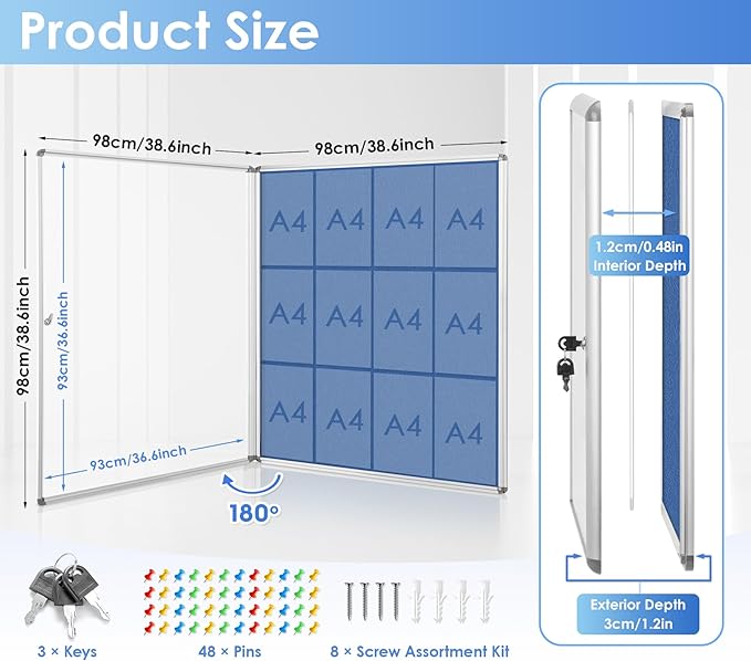 SWANCROWN Pins Bulletin Board Enclosed Lockable Noticeboard Glass Display Case for Home Office School,Blue Fabric,38"x38" (12xA4)