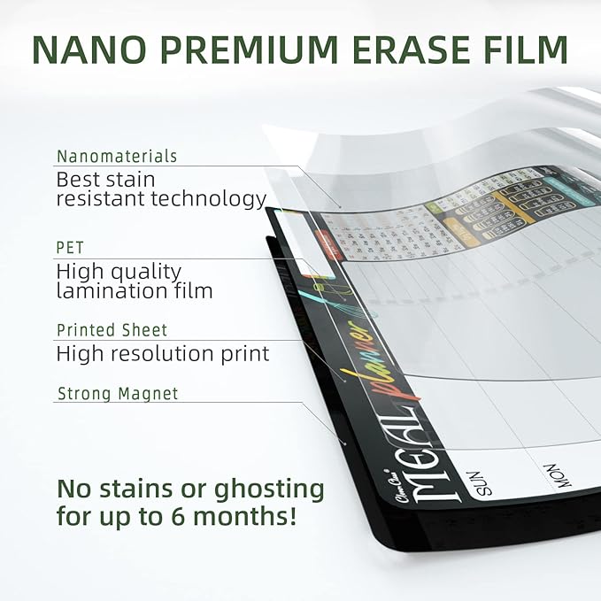 Magnetic Dry Erase Monthly Calendar and Menu Board - 17"x12" Monthly Planner and Meal Planning Board for Fridge - 6 Extra Fine Point Markers Included - Shipped Flat