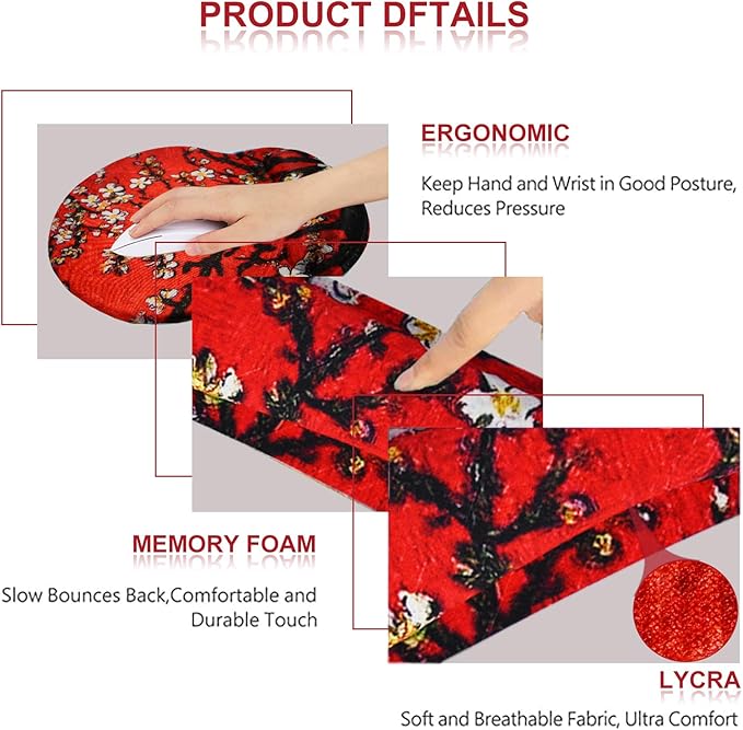 ArtSo Upgraded Wrist Rest Support for Mouse Pad & Keyboard, Ergonomic Gel Mousepad Non-Slip Rubber Base Home,Office Pain Relief, Easy Typing Cushion Neoprene, Soft Memory Foam, Red Van Gogh Painting